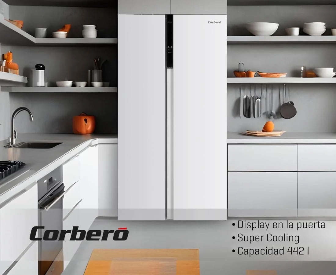 Corberó - Amerykańska lodówka | CFSBSH634NFW | 442L | 186 cm | No Frost | Inwerter | Wyświetlacz | Światło LED | 2 szuflady | Funkcja ECO | Półki szklane | Srebrny wykończenia | biały