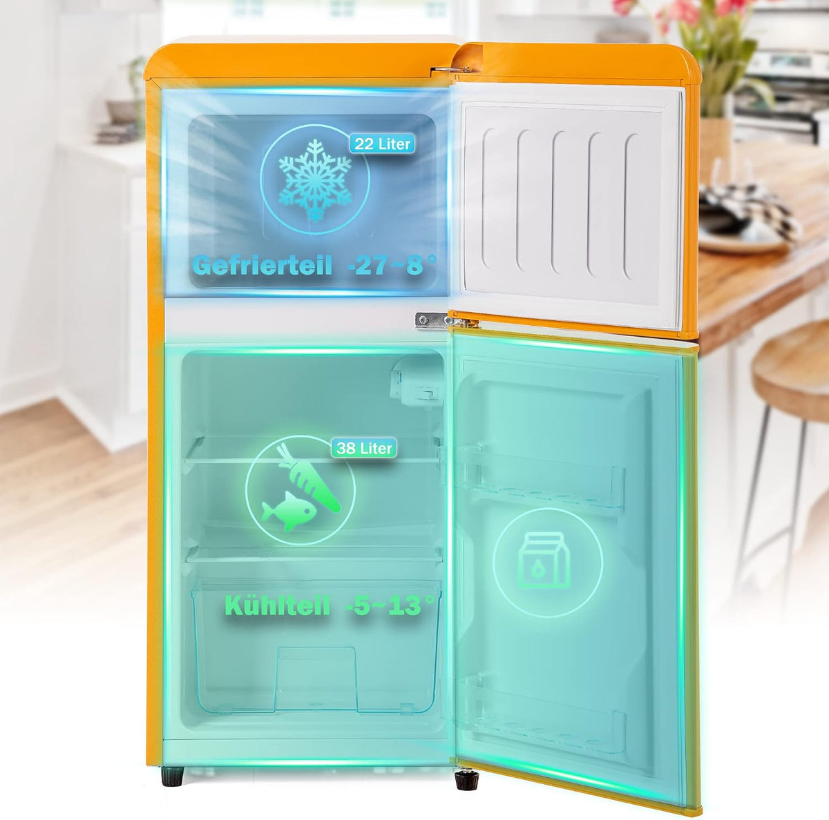 Frigorífico retro DRIXNO. Combinado con congelador. 86,8 cm de alto, 45,5 cm de ancho, dos puertas, con 60 litros de volumen total, 22 litros de volumen de congelación. 163 kWh/año, -27 °C ∽ 13 °C, luz LED