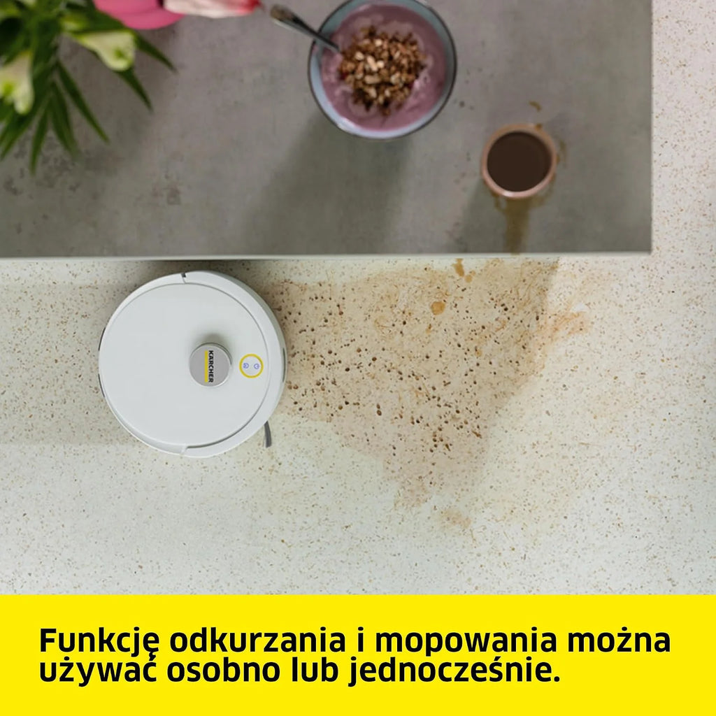 Kärcher robot sprzątający RVC 3, 15 000 Pa, do 130 min pracy, sterowanie przez aplikację, mapowanie, nawigacja laserowa, czujniki upadku, automatyczne ładowanie, do twardych podłóg i dywanów