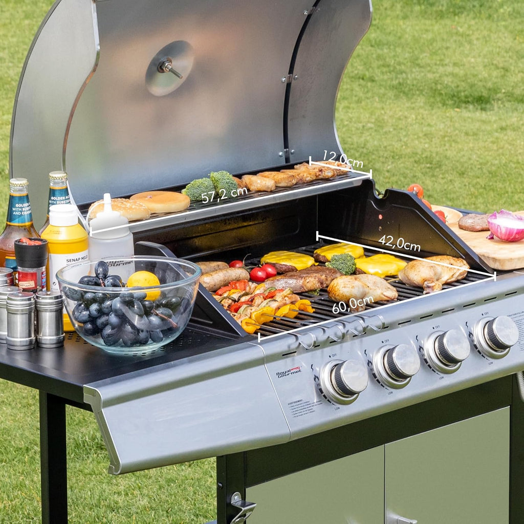 Barbacoa de Gas Royal Gourmet de 4+1 Quemadores de Acero Inoxidable, Parrilla de Gas de 14,5 kW de Potencia con Mesas y Termómetro, 2 Ruedas Direccionales, 2 Puertas, Adecuada para Jardín y Exterior, Plata