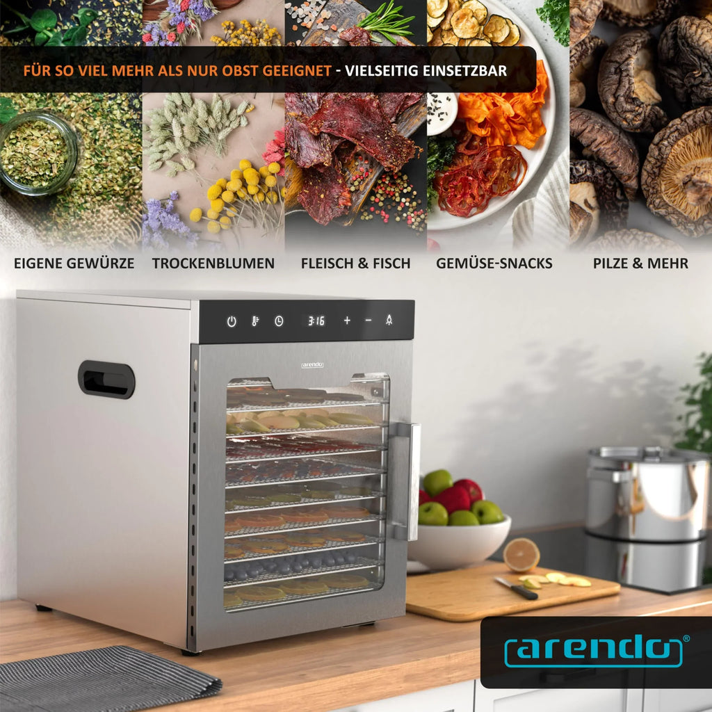 Deshidratador de alimentos de acero inoxidable Arendo, 10 rejillas de acero inoxidable, 800 W, 35-85 °C, 8400 cm², para fruta, carne, setas y mucho más.