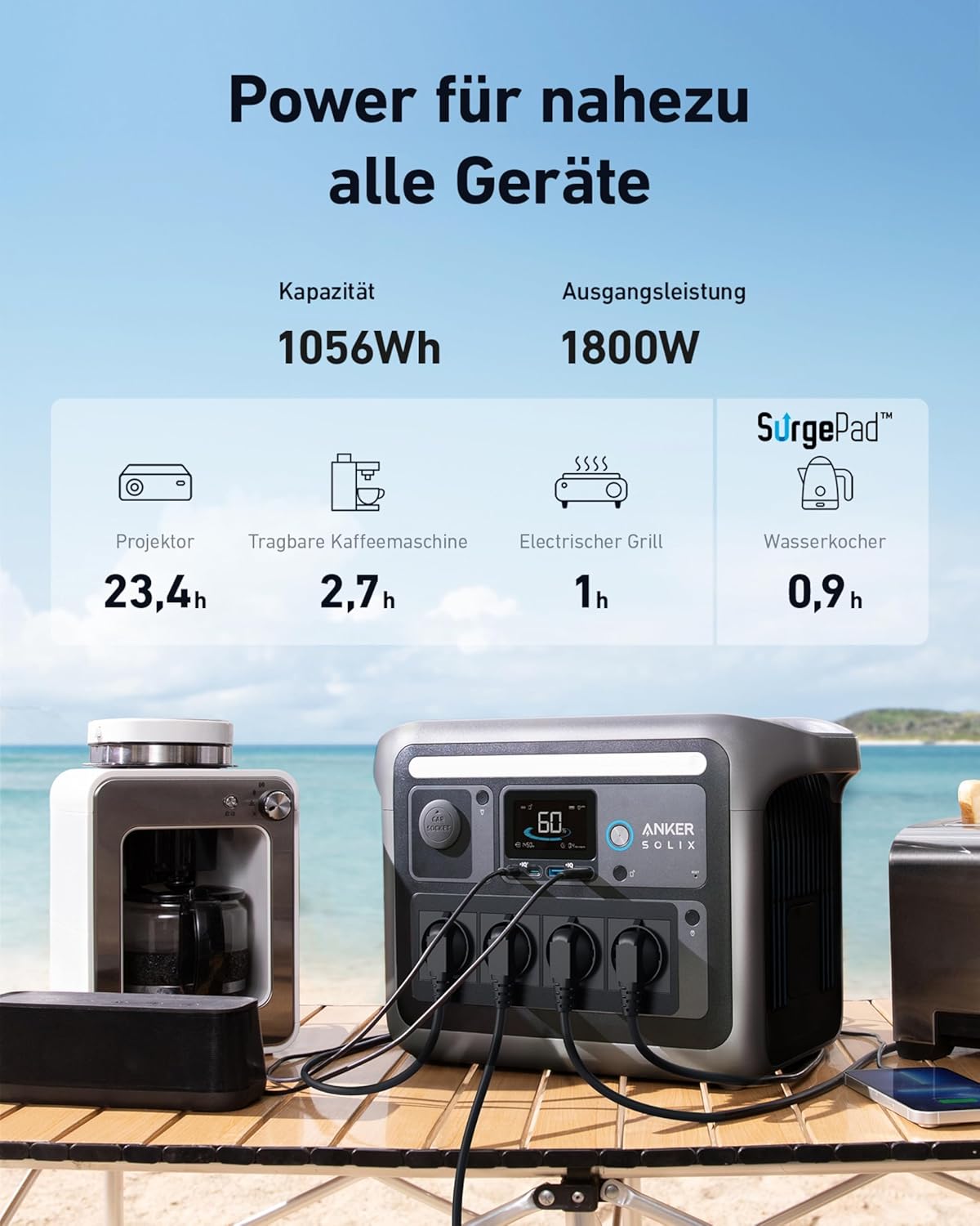 Estación de energía portátil Anker SOLIX C1000, LiFePO4, generador solar de 1800W, carga al 100% en 58 minutos con modo UltraFast, estación de energía LFP para exteriores, camping y reserva de energía (panel solar opcional)