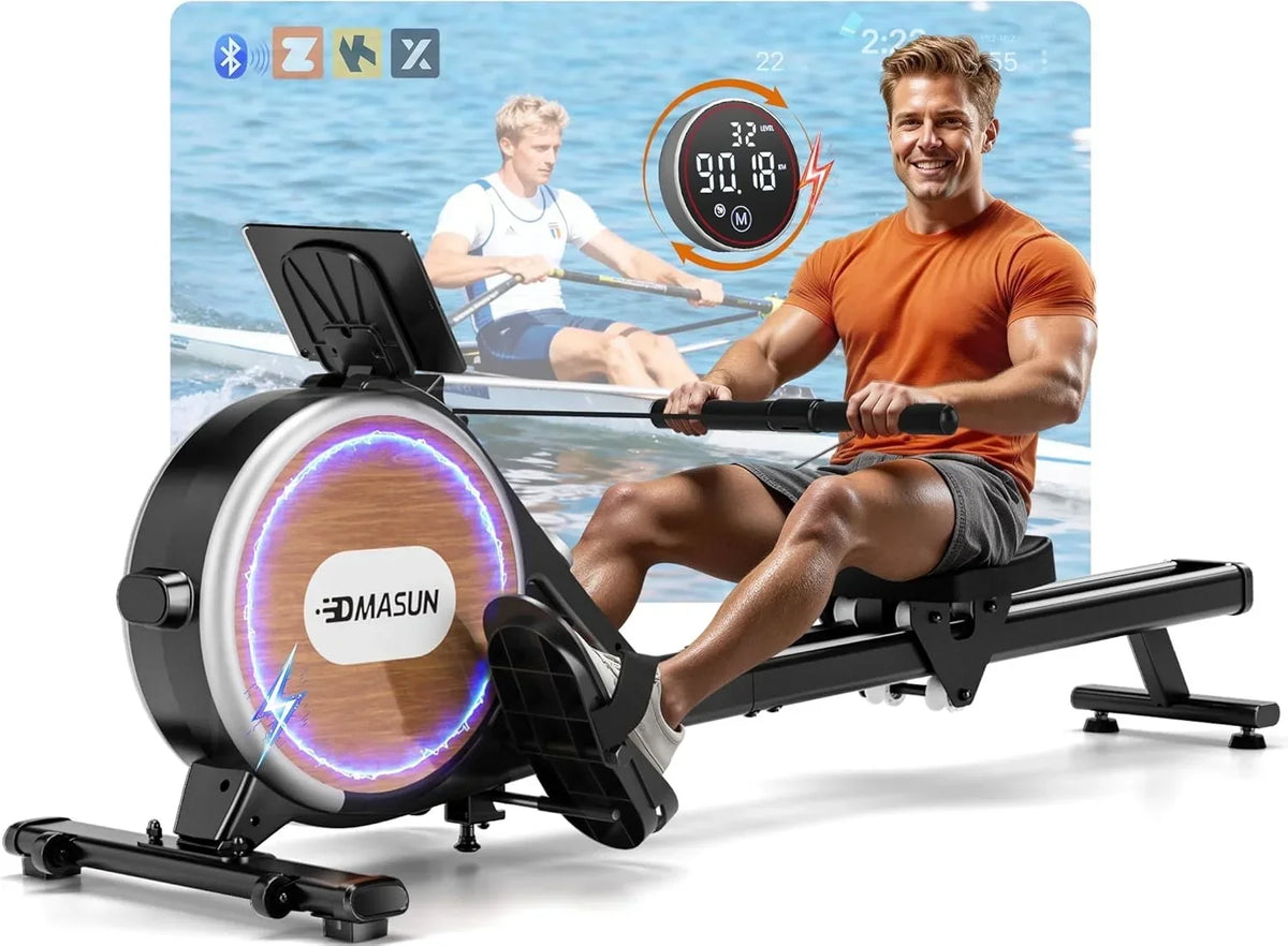 Máquina de remo 106M, equipo de entrenamiento doméstico magnético con doble riel, 16 niveles de resistencia, conexión a APP, pantalla LCD