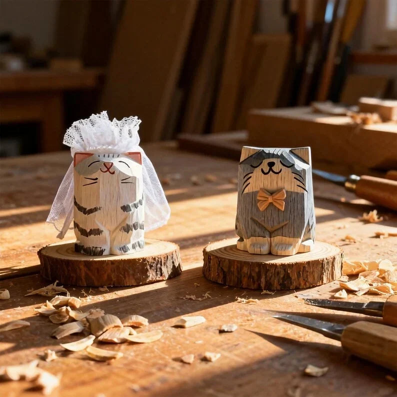 Adornos de madera tallados a mano de gatos y perros, decoración rústica para el hogar estilo bohemio de granja para escritorio