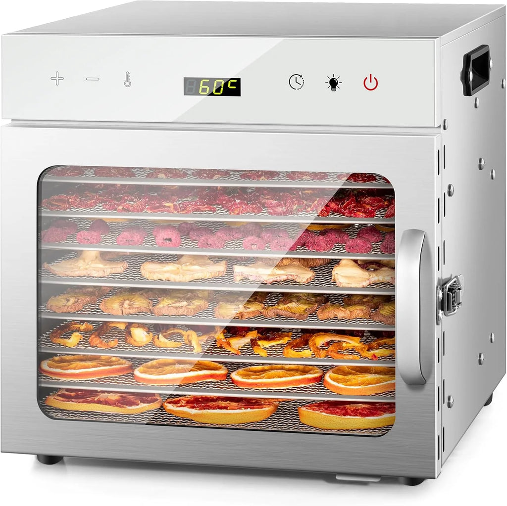 Kwasyo Suszarka ze stali nierdzewnej, 8 poziomów z 6 foliami do suszenia, książka z przepisami, nie zawiera BPA, regulacja temperatury 30-90°C, maks. 24 godziny, suszarka do warzyw, mięsa, owoców
