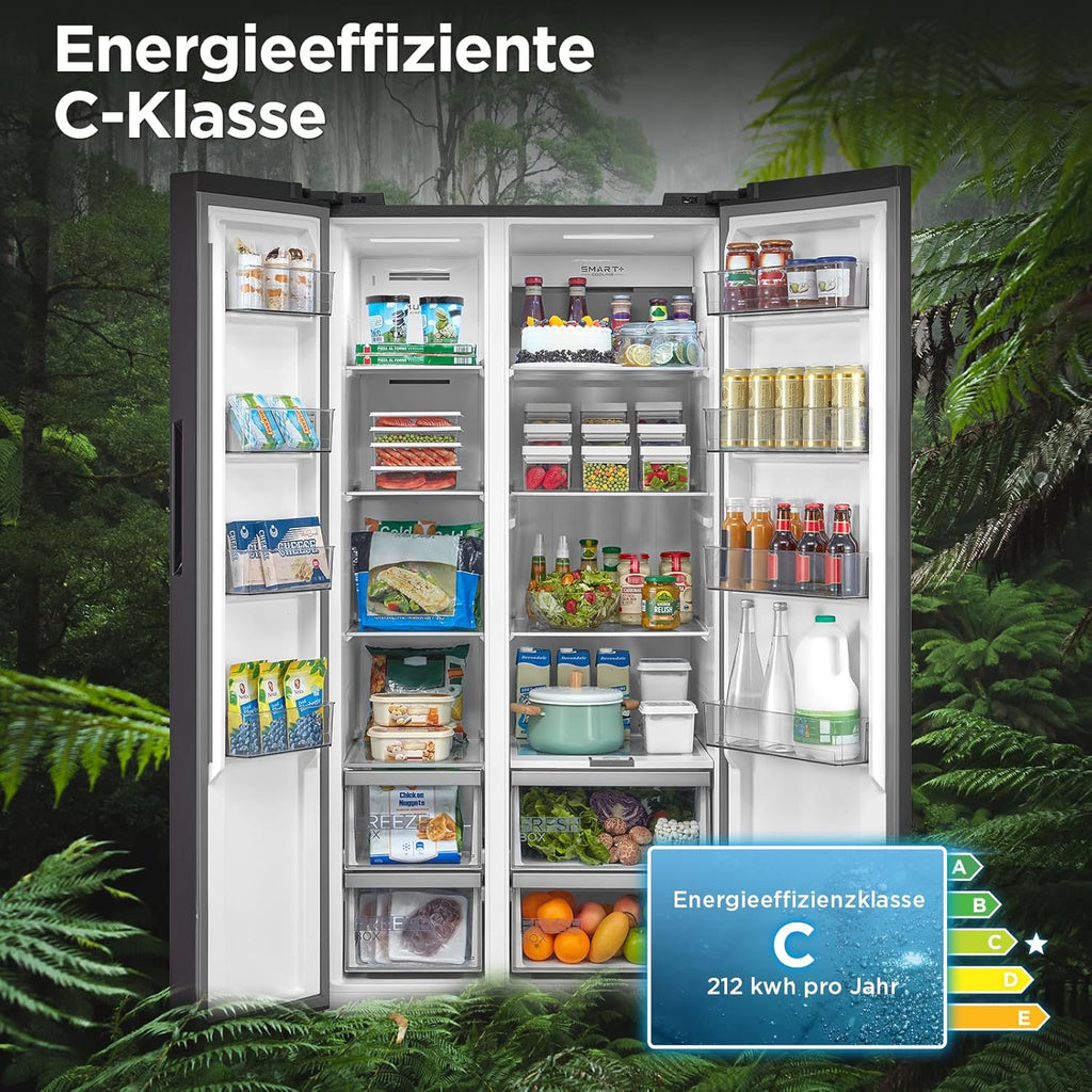 Midea KS-DDX 6.32 WT Frigorífico americano / 178,8 cm de altura / 254 kWh/año / No Frost / Compresor Dual Inverter / con dispensador de agua/hielo 3 en 1 y depósito de agua, Dark Inox