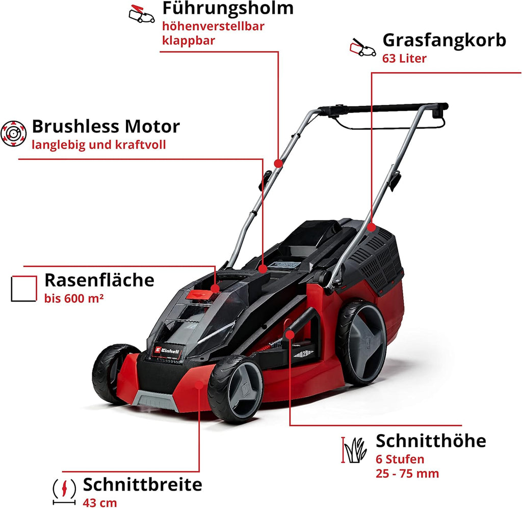 Cortacésped inalámbrico Einhell GE-CM 43 Li M Kit Power X-Change (36 V, ancho de corte de 43 cm, hasta 600 m², sin escobillas, kit de mulching, cesta colectora de 63 L, altura de corte de 25-75 mm, incl. 2 baterías de 4,0 Ah + 2 cargadores)