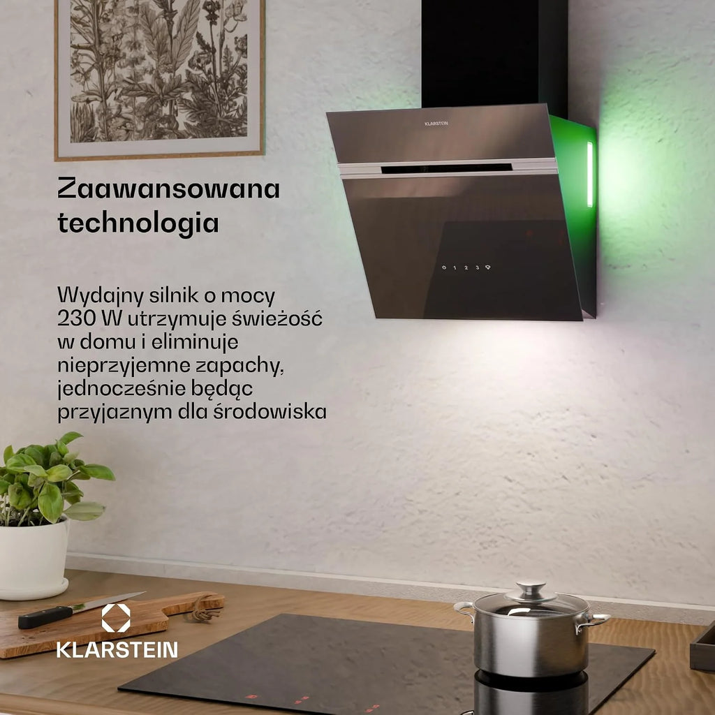 KLARSTEIN Alina Okap kuchenny, 540 m³/h, klasa A, RGB LED, 3 poziomy, sterowanie dotykowe, 60 dB czarny, okap ścienny, tryb recyrkulacji