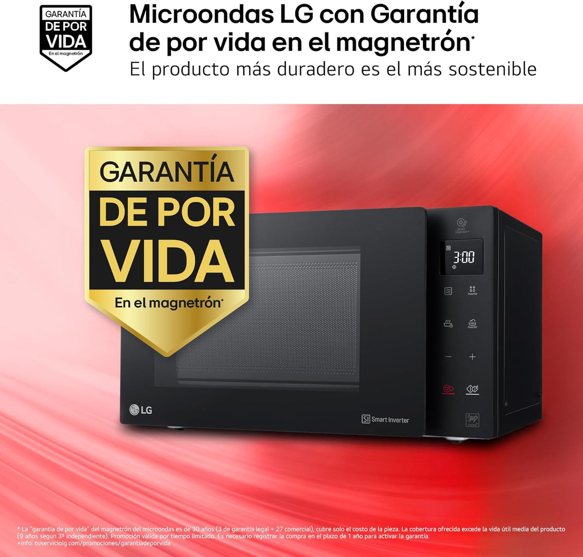 LG MH6535GIB - Microondas con grill, 1000 W, Smart Inverter, pantalla digital, color negro transparente, 1000 W, 25 l