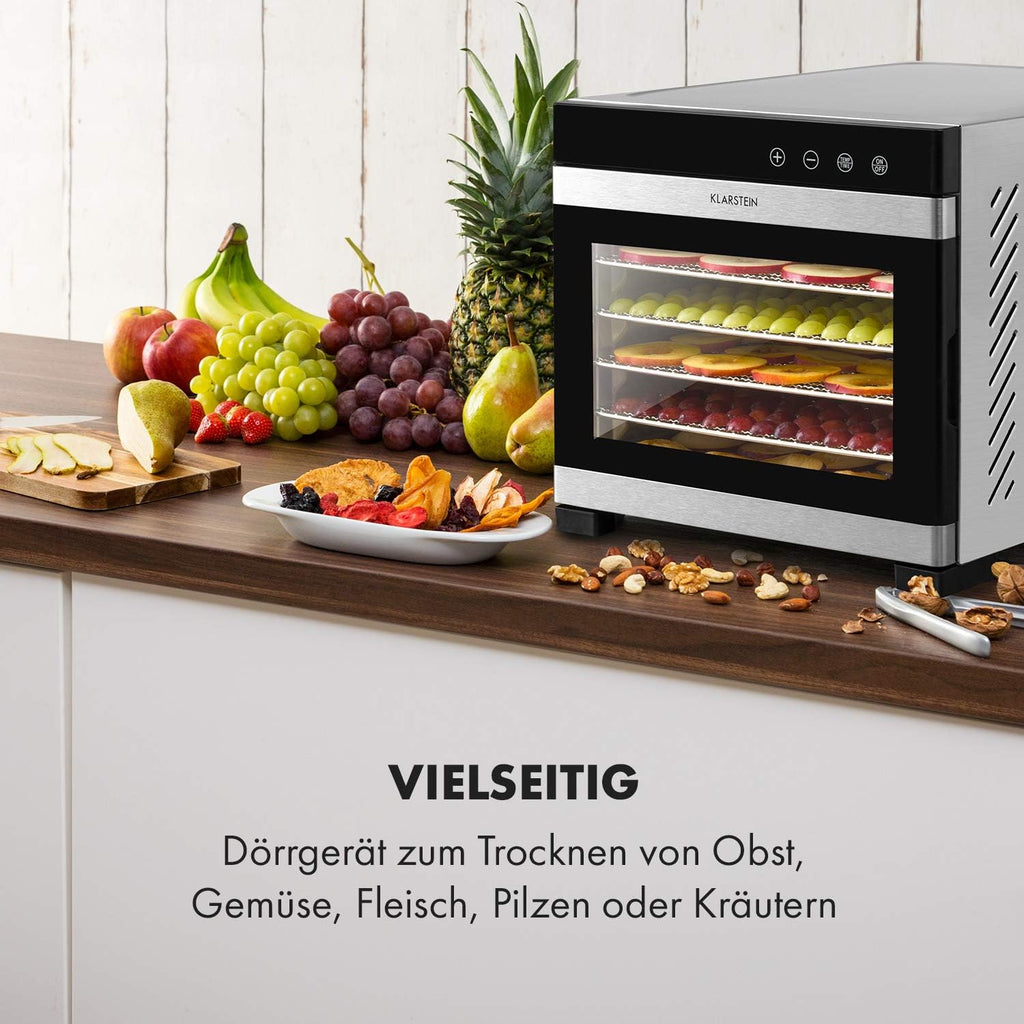 Deshidratador de alimentos Klarstein Flavour Dry con carcasa de acero inoxidable, 6 bandejas, pantalla táctil LCD, temporizador, circulación de aire de 360°, termostato digital, 35-75 °C