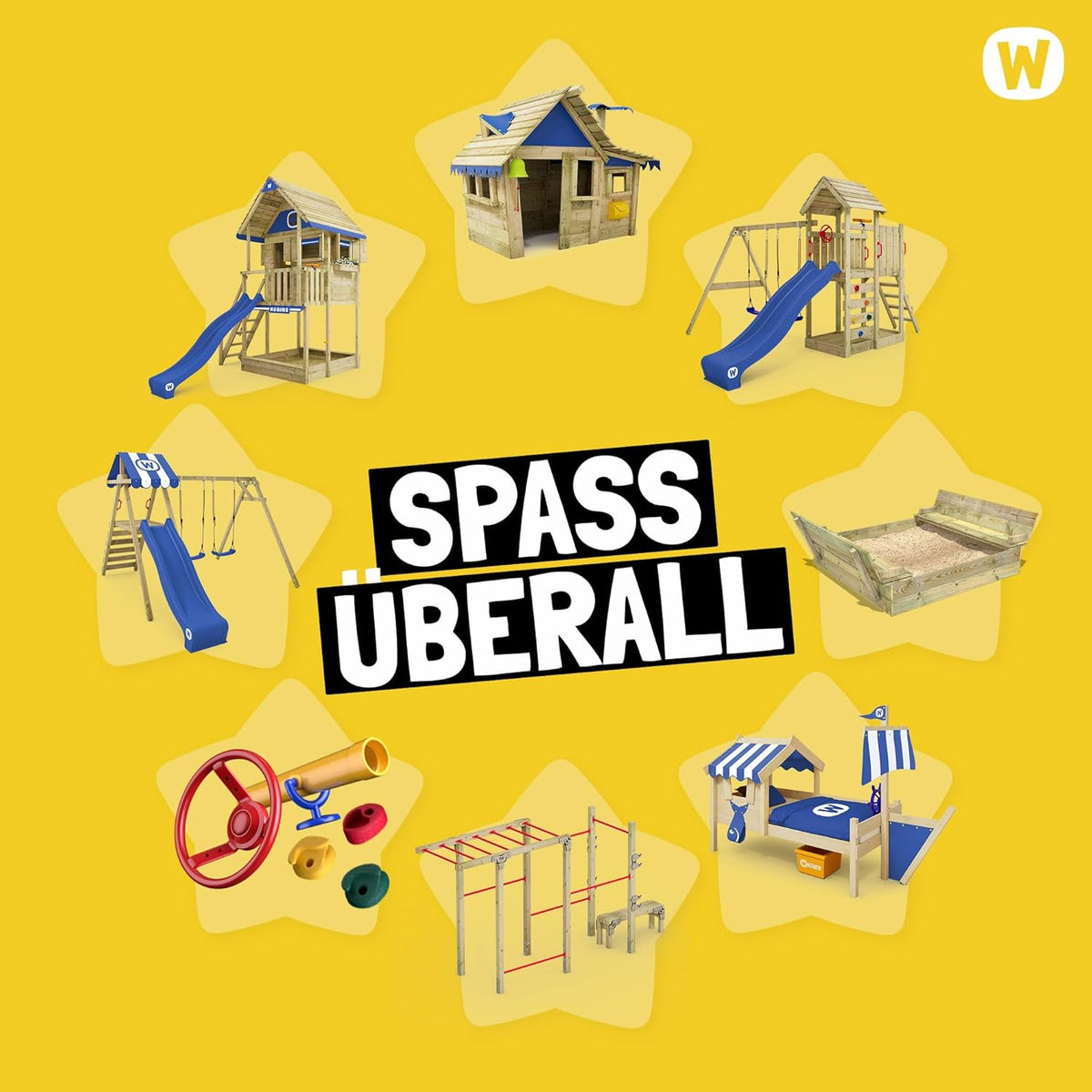 Torre de juegos WICKEY MultiFlyer con tejado de madera, columpio y tobogán verde pastel, torre de escalada para niños al aire libre con arenero, escalera y accesorios de juego para el jardín