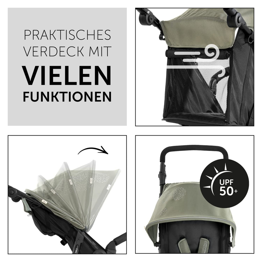 Cochecito hauck Runner 2, silla de paseo de tres ruedas con ruedas neumáticas XL para niños de hasta 22 kg, protección UV 50+, ventana de ventilación, altura ajustable, plegable, cesta XL de hasta 3 kg, función de reclinado (negro)