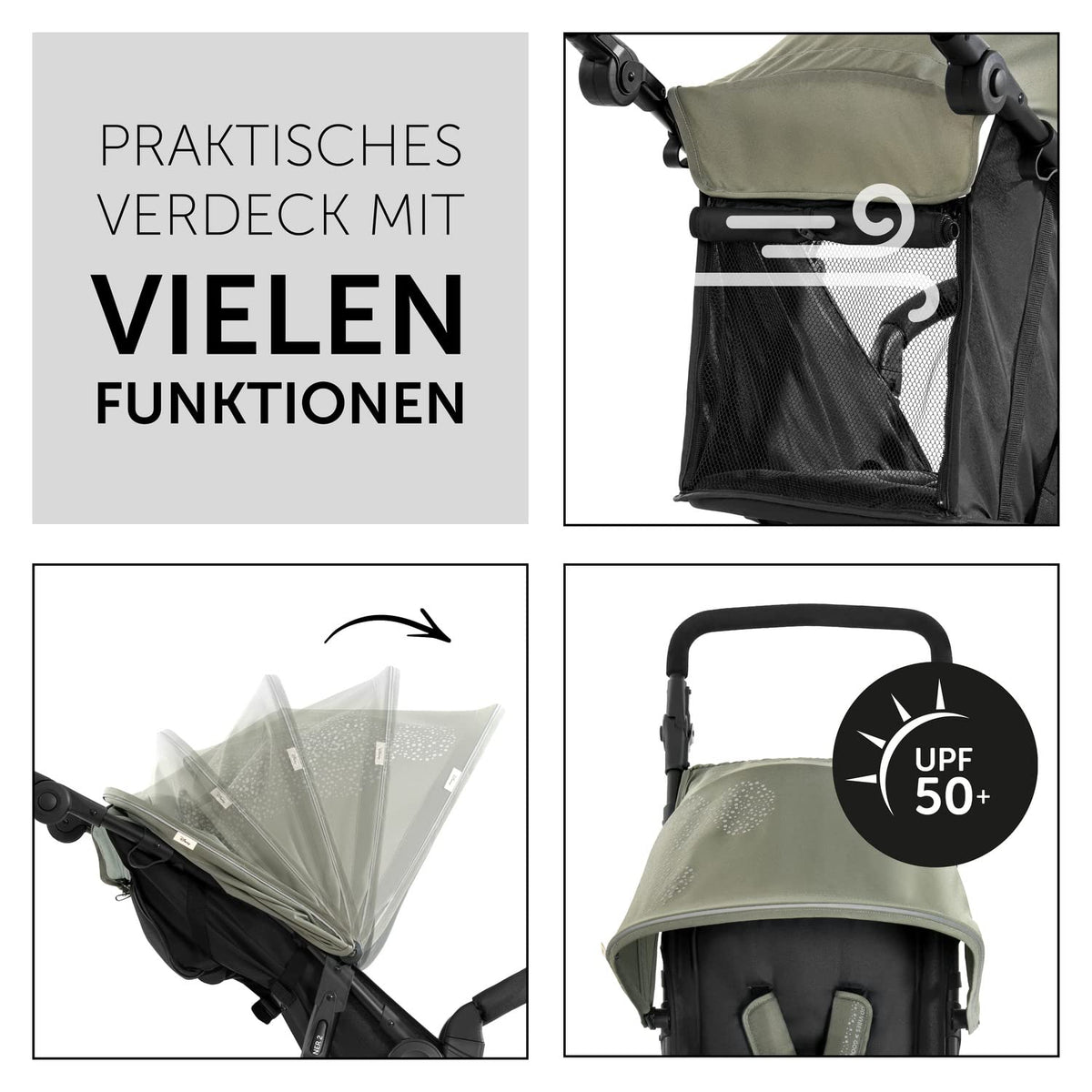 Cochecito hauck Runner 2, silla de paseo de tres ruedas con ruedas neumáticas XL para niños de hasta 22 kg, protección UV 50+, ventana de ventilación, altura ajustable, plegable, cesta XL de hasta 3 kg, función de reclinado (negro)