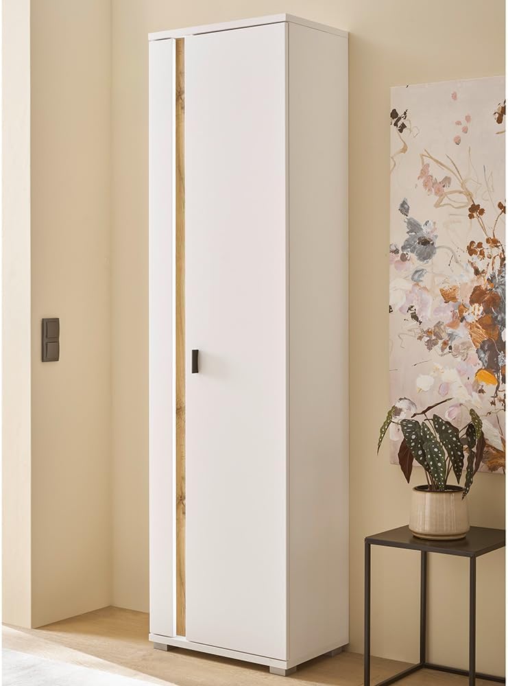 Set de mueble de salón Lomadox de 4 piezas, muebles de sala en blanco y roble, estilo moderno, incluye 1 vitrina, 1 armario alto, 1 mueble bajo, 1 estante de pared e iluminación LED.