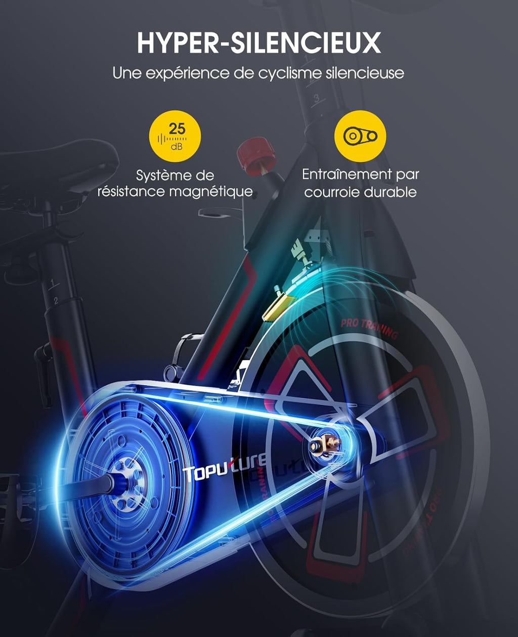 TOPUTURE Bicicleta estática conectada con App, bicicleta estática con 100 niveles de resistencia magnética, silenciosa, ergómetro LCD, bicicleta de ejercicio cardiovascular, personalice su deporte en casa, capacidad 150 kg