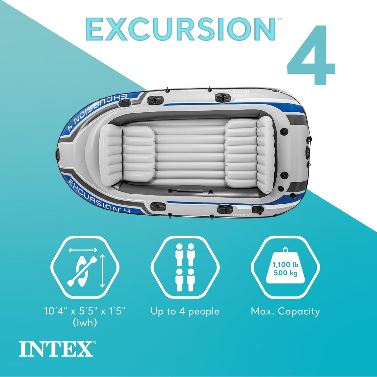 Bote inflable Intex Excursion 4 para 4 personas con remos de aluminio y bomba de aire de alto rendimiento