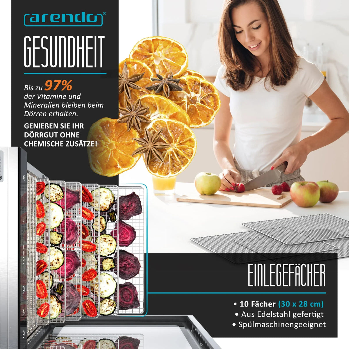 Deshidratador de alimentos de acero inoxidable Arendo, 10 rejillas de acero inoxidable, 800 W, 35-85 °C, 8400 cm², para fruta, carne, setas y mucho más.