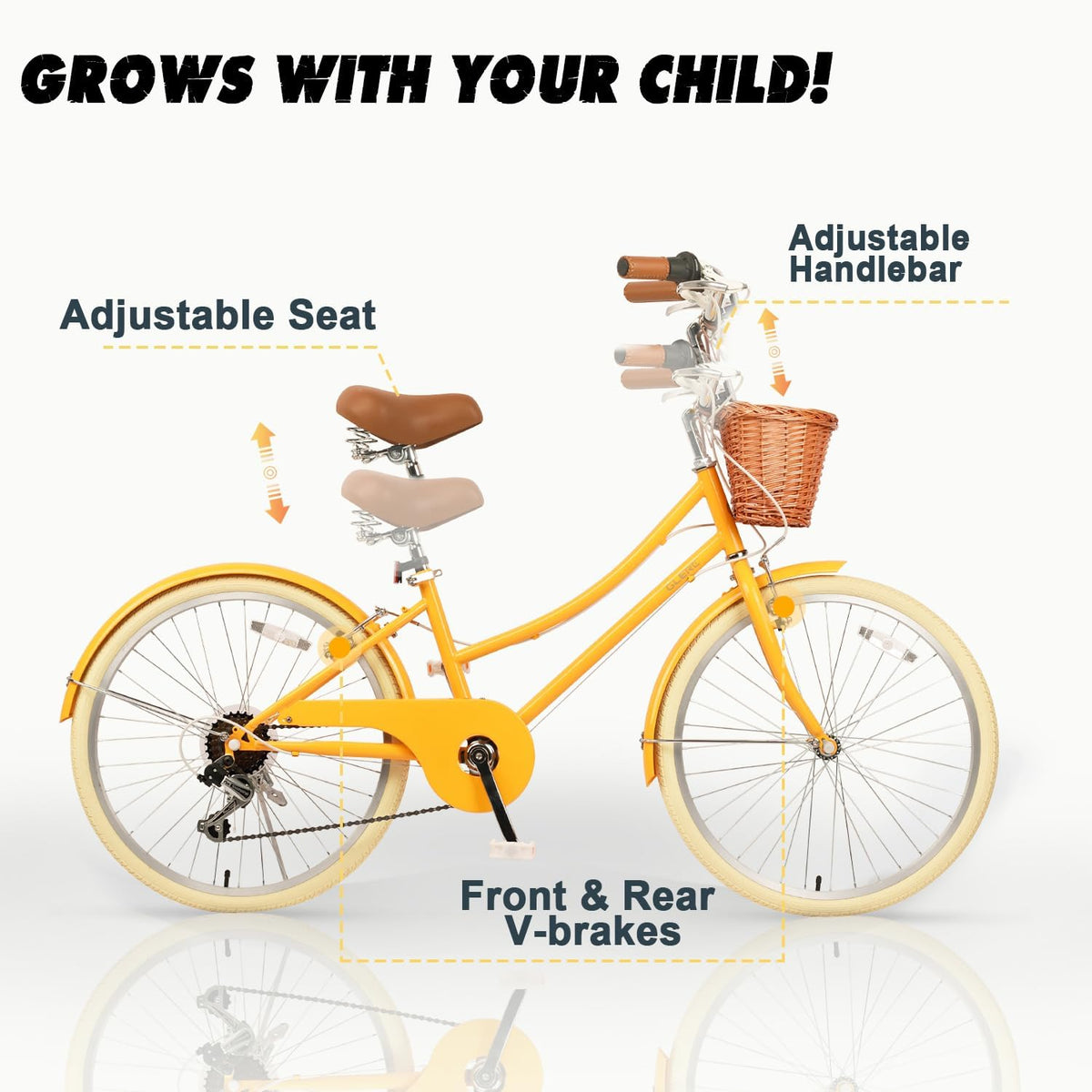 Glerc Missy 20, 24, 26 pulgadas bicicleta híbrida urbana tipo crucero para niñas, de 6 velocidades, con cesta de mimbre, para jóvenes mayores de 6 años, varios colores