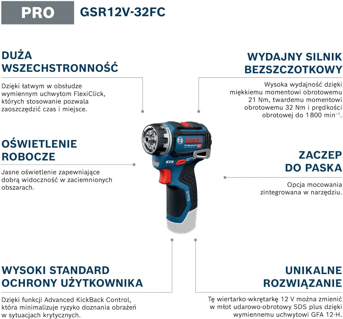 Bosch PRO 12V System Wiertarko-wkrętarka akumulatorowa GSR12V-32FC