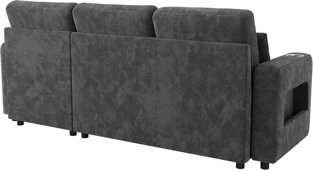 Sofá en L Merax con función cama y arcón, práctico sofá cama con espacio de almacenamiento, iluminación LED, USB/Tipo-C y 2 portavasos, sofá cama extraíble en forma de L, tela de chenilla, gris