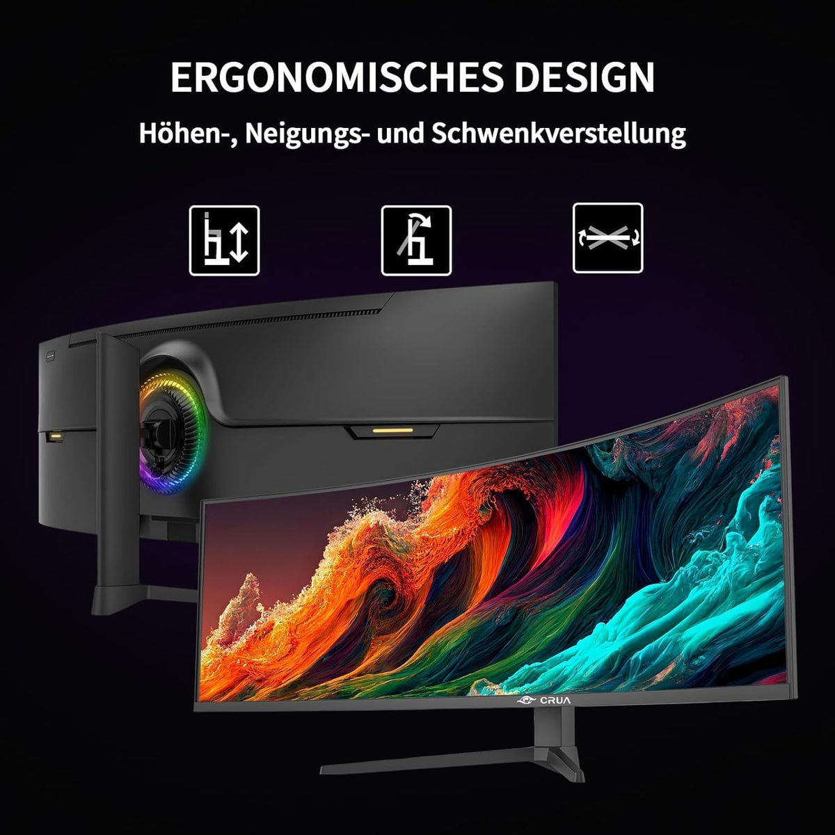 Monitor Gaming Curvo CRUA de 49" Ultra-Wide 32:10 DFHD 3840x1080, 165Hz/144Hz, 1500R, AMD FreeSync, 120% sRGB, HDR10, Ajustable en Altura, HDMI 2.0 * 2 y DP * 2, Montaje en Pared – Negro