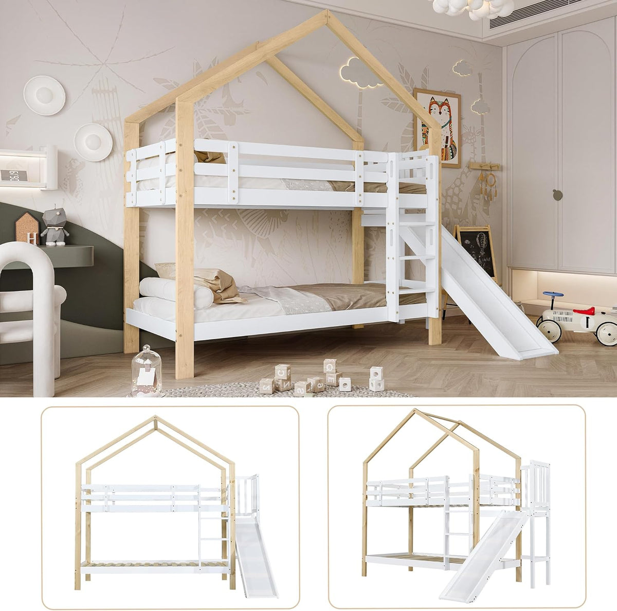 Litera Ball & Cast (90x200cm) con barandilla alta, estructura de madera con tobogán + escalera, estable y silenciosa, blanco + natural