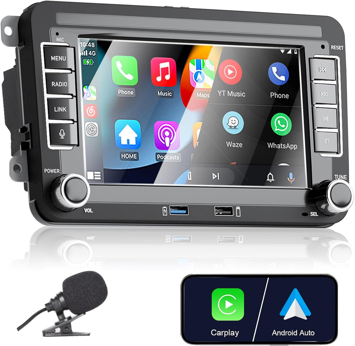 Autorradio Apple CarPlay para VW Golf 5 6 Polo T5 Tiguan Skoda Passat Jetta Caddy B6 B7 Touran Android Auto, pantalla táctil de 7 pulgadas Radio VW con Bluetooth/FM/AM/USB/RDS