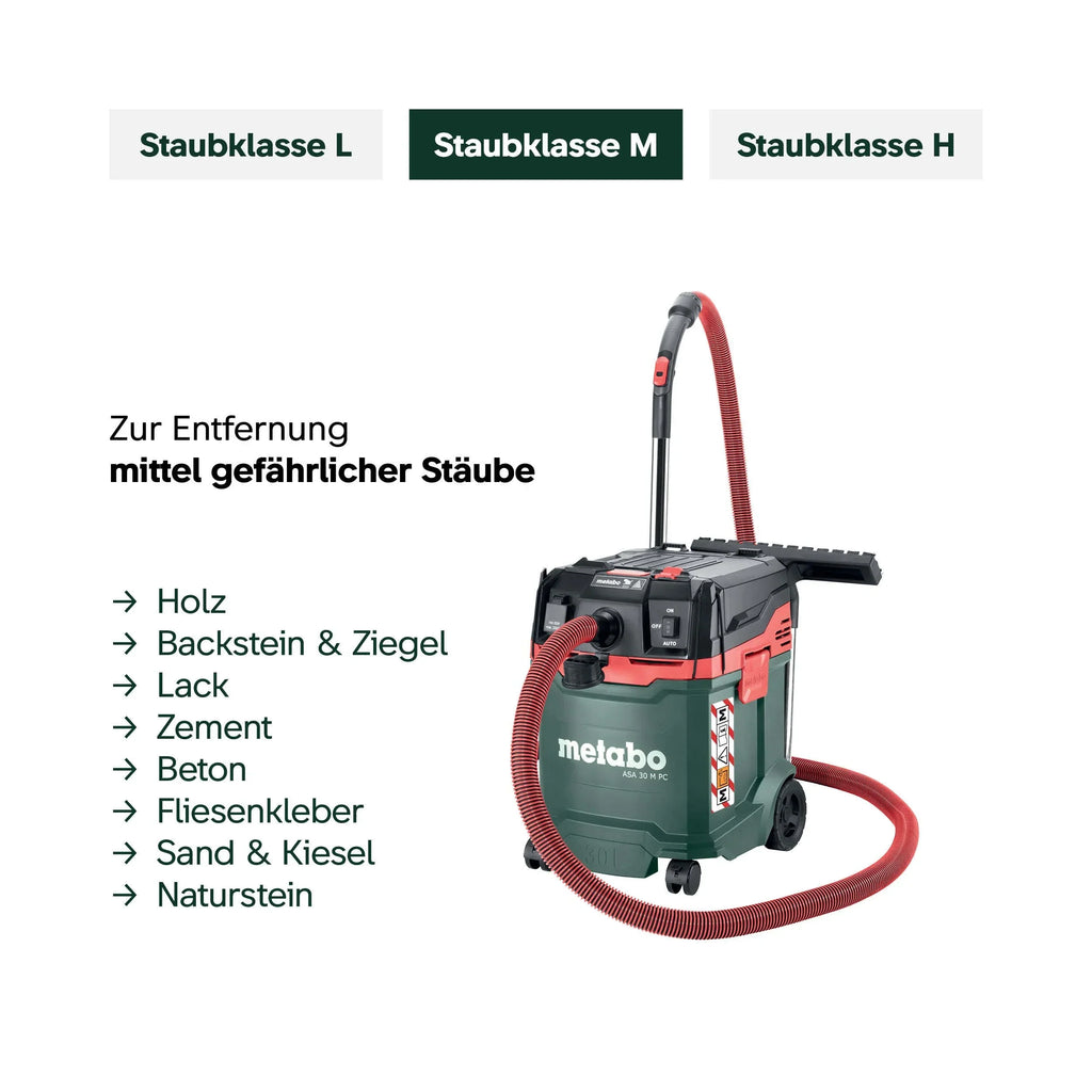 Aspirador universal metabo ASA 30 M PC, 1200 W, clase de polvo M, cable de 8 m, 30 l, manguera antiestática, limpieza de filtro, accesorios