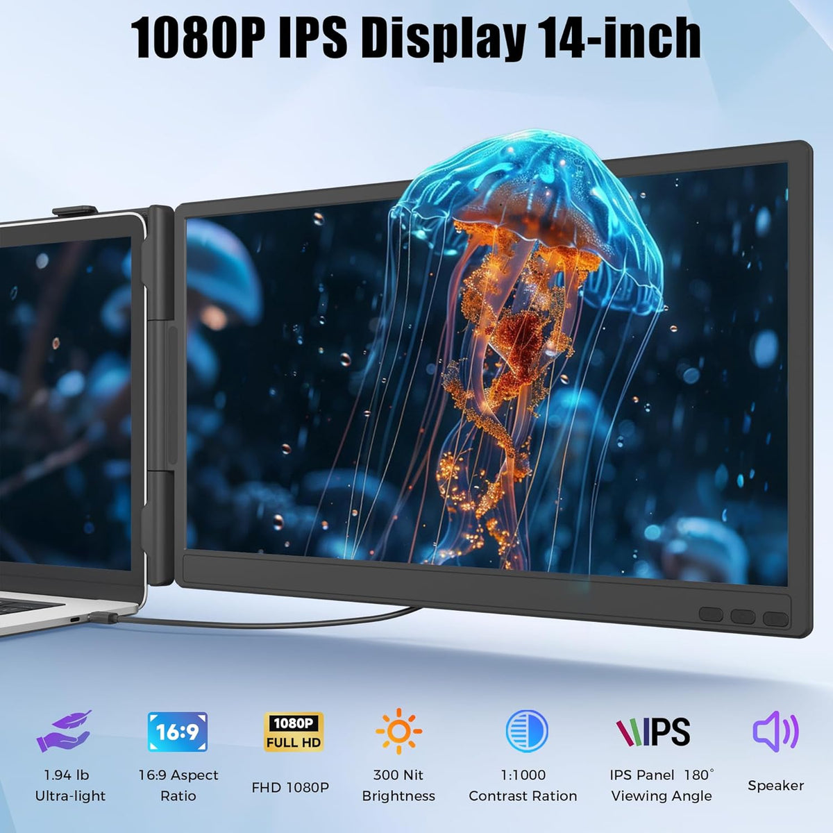 Extensión de pantalla para portátil de 14", pantalla dual IPS FHD 1080P con USB-C/HDMI, extensor de pantalla portátil para portátiles de 13-17.3" con Plug & Play para Mac/Android