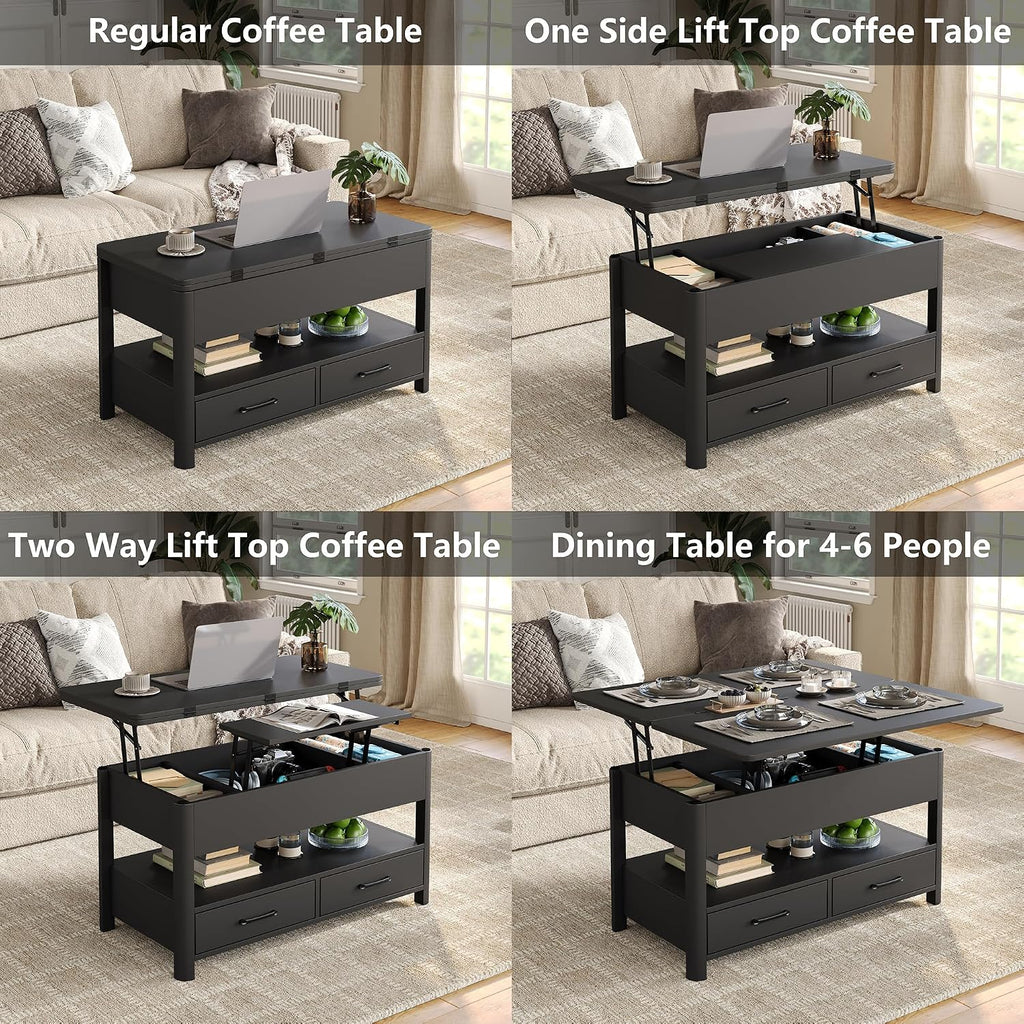 Mesa de centro elevable Furnihold con cajones y compartimento secreto, mesa de salón convertible en mesa de comedor, negro