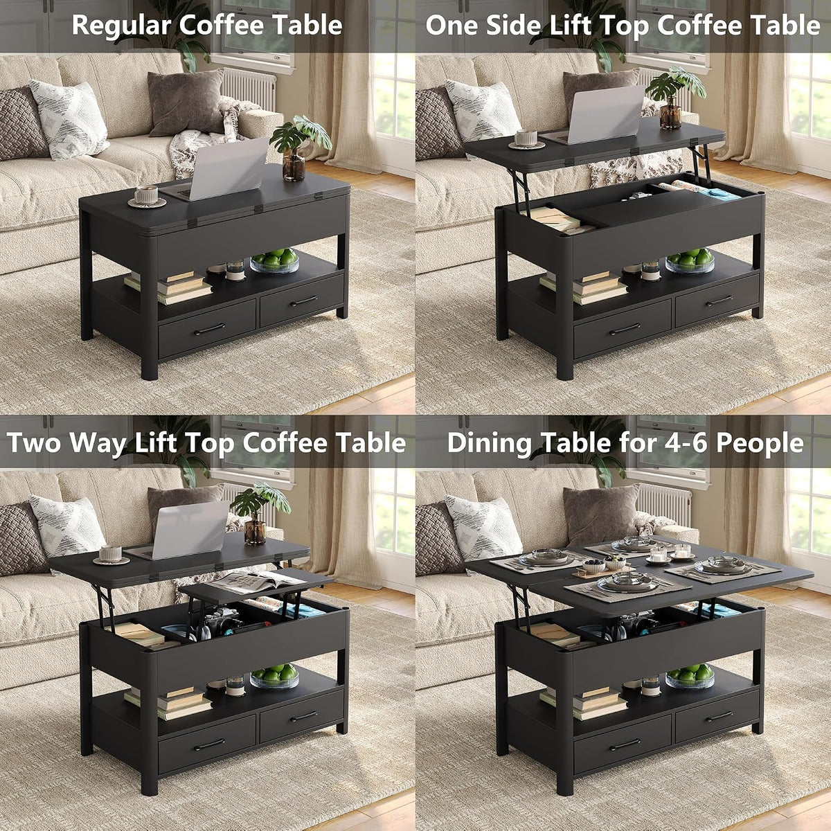 Mesa de centro elevable Furnihold con cajones y compartimento secreto, mesa de salón convertible en mesa de comedor, negro