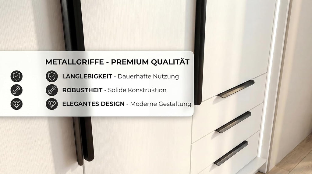 Armario de 4 puertas A&J MöbelLand KLARI con 3 cajones – 200 x 215 cm – Armario de puertas batientes con barra para colgar ropa y estantes