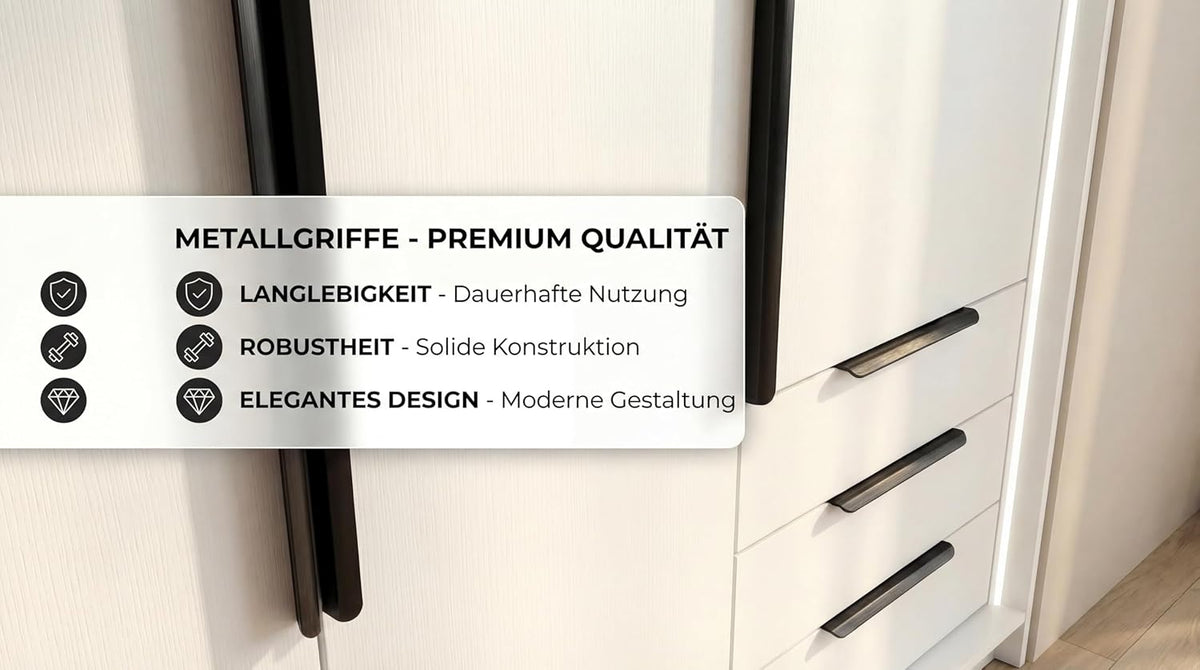 Armario de 4 puertas A&J MöbelLand KLARI con 3 cajones – 200 x 215 cm – Armario de puertas batientes con barra para colgar ropa y estantes