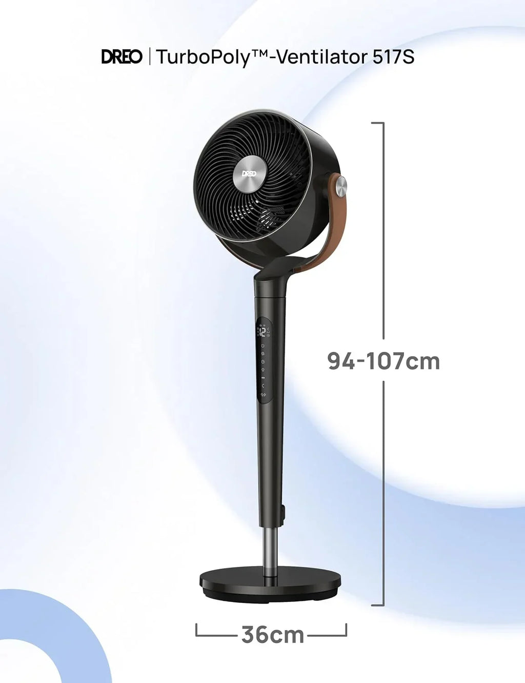 Ventilador de pie inteligente DR-HAF003S con Wi-Fi, luz LED RGB, oscilación de 150°, 12 velocidades y flujo de aire de 2209 m³/h