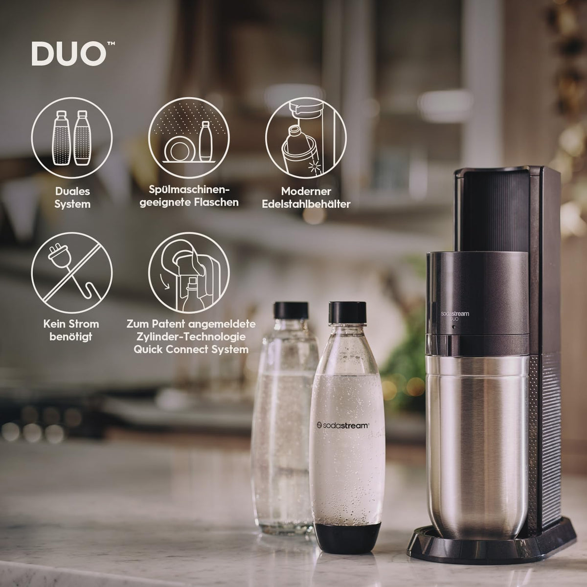 Gasificadora de agua SodaStream DUO Comfort-Set con cilindro de CO2 Quick-Connect | incl. 2 botellas de vidrio de 1 L, 2 botellas de plástico FUSE de 1 L (aptas para lavavajillas) y escurridor de botellas | Color: Titanio