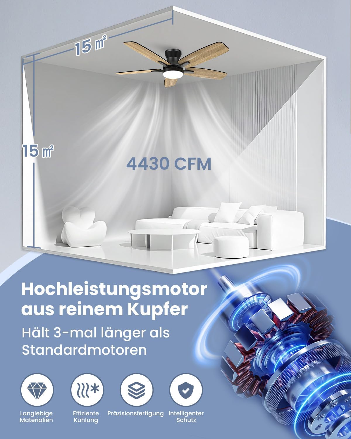 Ventilador de techo Airwit de 106 cm con iluminación y mando a distancia, ventilador de techo con luz, motor CC silencioso de 20 dB, LED de 18 W regulable, temporizador, aspas reversibles, para dormitorio y salón