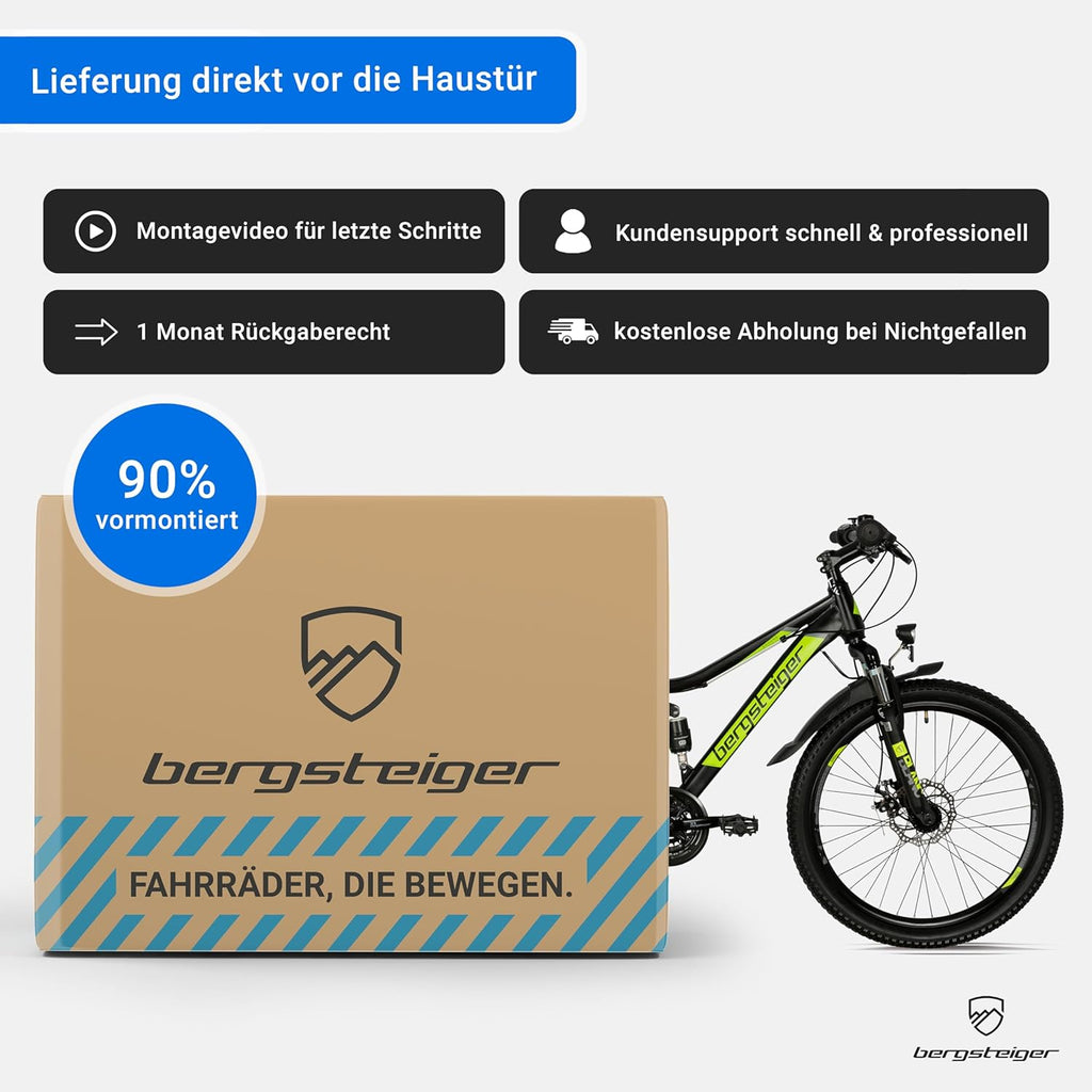 Bergsteiger Broome 24, bicicleta infantil de 26 pulgadas, cambio de 21 velocidades, cumple con StVZO, bicicleta de montaña con suspensión total, frenos de disco y luz de dinamo, adecuada para niños y niñas de 8, 9, 10, 11, 12, 13 años