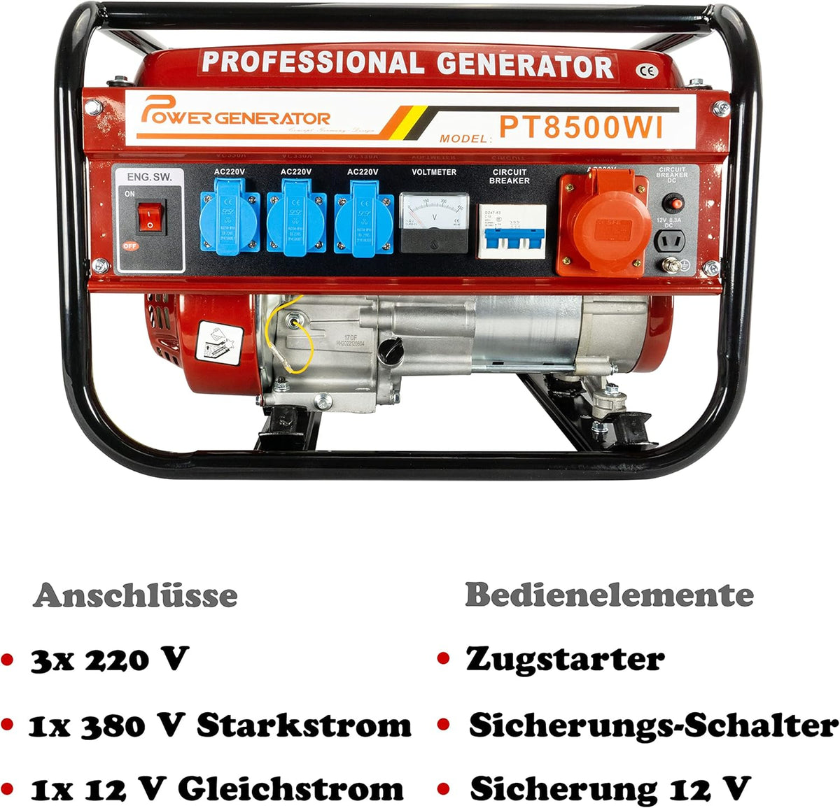 Generador eléctrico de gasolina | Generador de energía con accesorios | Generador de emergencia silencioso | 5 tomas de corriente 3x 230V / 1x 400V / 1x 12V | 6,5 HP (generador eléctrico con arranque manual)