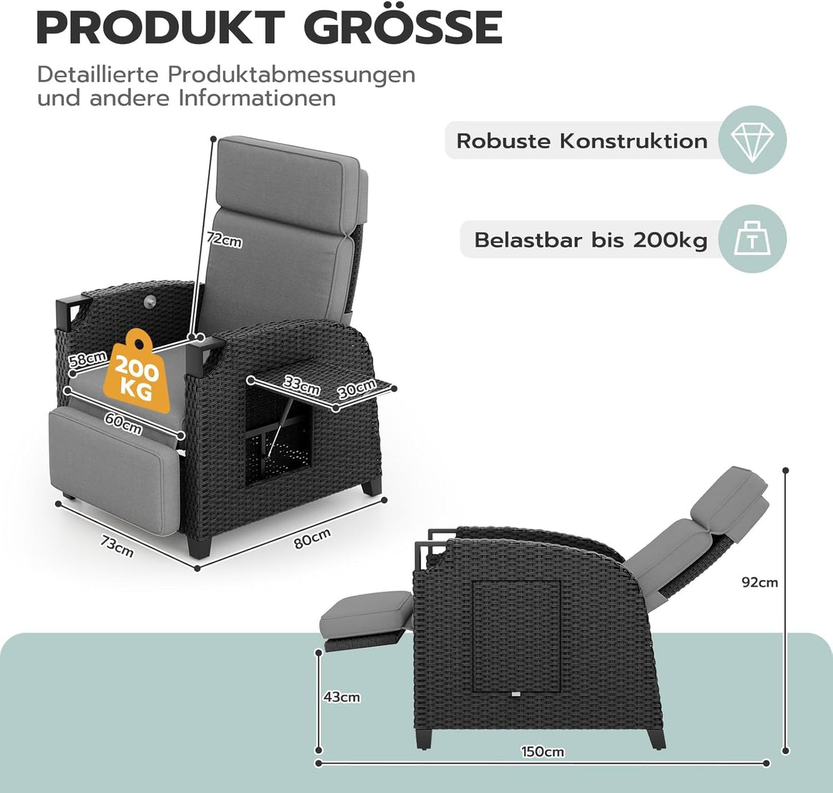 UDPATIO Sillón de ratán para jardín, reclinable, tumbona ajustable a 150°, con respaldo ajustable, fundas y cojines extraíbles, impermeable, para interior y exterior - Gris