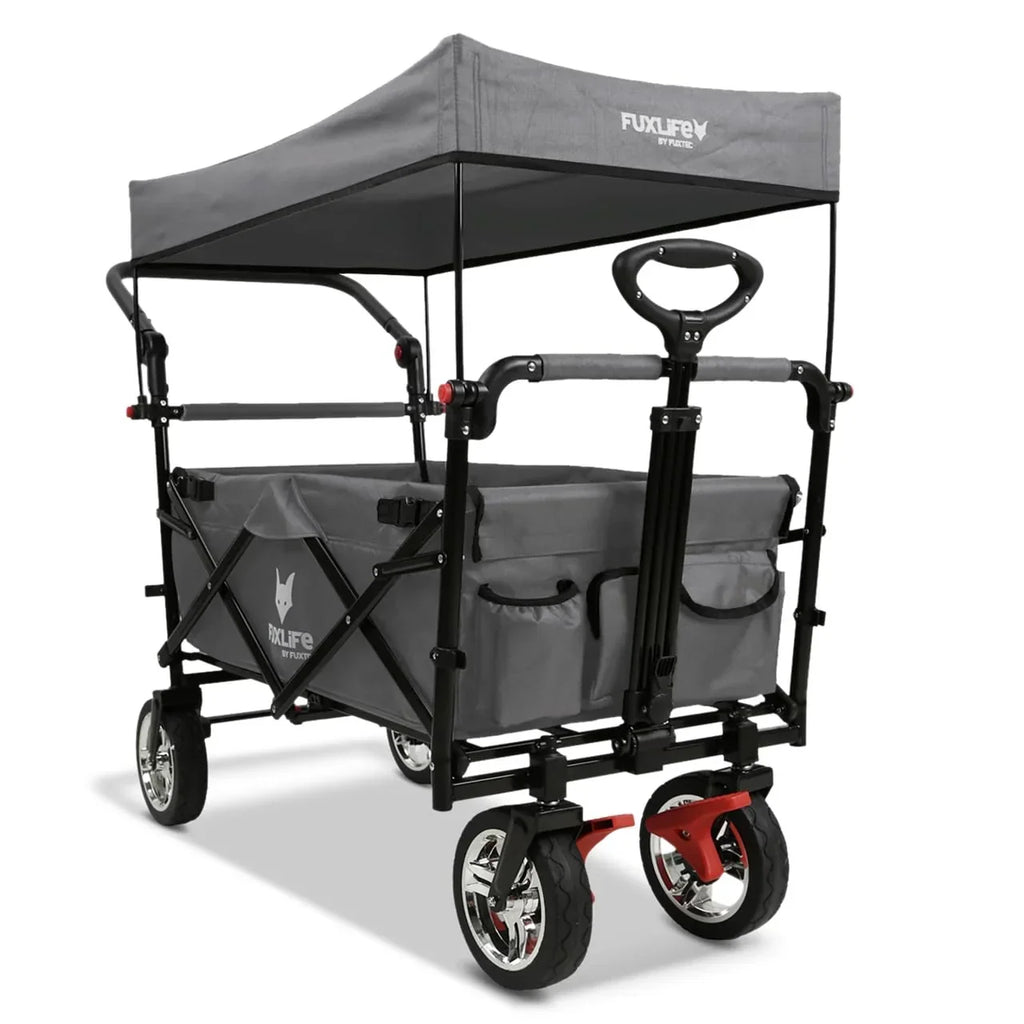 Carrito de mano plegable y compacto Fuxtec FX-CT700 gris, con frenos, asiento acolchado, mango ajustable en altura, para excursiones