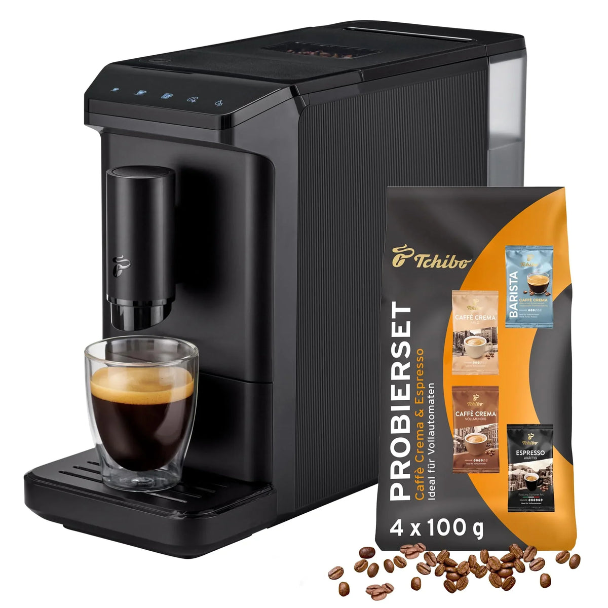 Cafetera automática Tchibo Esperto mini para Caffè Crema y Espresso, 16 cm de ancho, compacta, incluye set de prueba gratuito