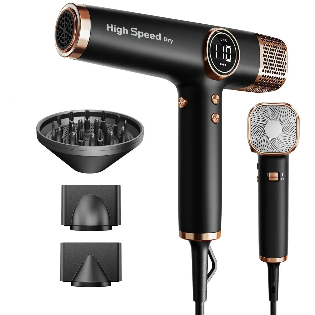Secador de pelo Faszin con tecnología iónica, motor sin escobillas de 110.000 RPM, secado rápido, silencioso, pantalla LED, accesorios magnéticos, negro