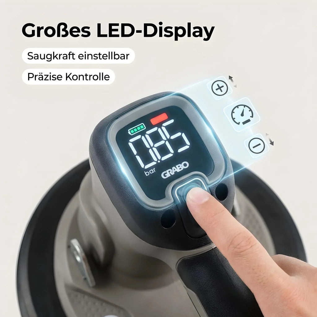Ventosa eléctrica inalámbrica sin escobillas GRABO 120 kg para placas y baldosas, con re-succión automática, pantalla digital y sin batería GPBMA