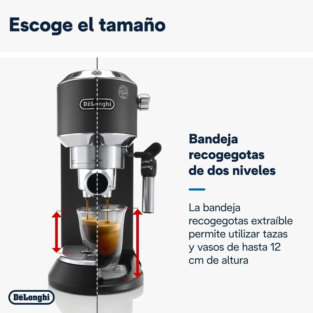De'Longhi Dedica – Cafetera de bomba de acero inoxidable para café molido o monodosis, espresso y capuchino, depósito de 1,3 litros, sistema antigoteo, modelo EC685.M, color metal