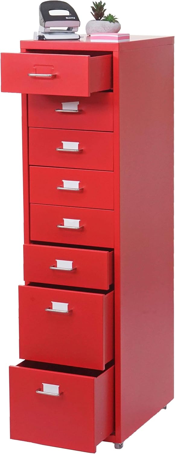 Mendler Cajonera Boston T851AM, archivador de acero, 110x28x41cm 8 cajones - rojo