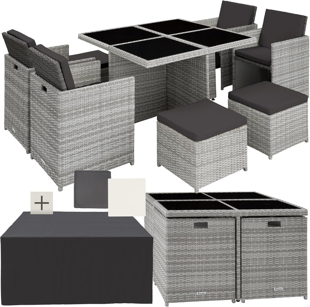 tectake® Juego de muebles de salón, 4 sillas, 4 taburetes, 1 mesa, almacenamiento en cubo que ahorra espacio, muebles de jardín de ratán para exterior, balcón, jardín y terraza, con funda y fundas de repuesto - gris claro