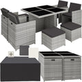 tectake® Juego de muebles de salón, 4 sillas, 4 taburetes, 1 mesa, almacenamiento en cubo que ahorra espacio, muebles de jardín de ratán para exterior, balcón, jardín y terraza, con funda y fundas de repuesto - gris claro
