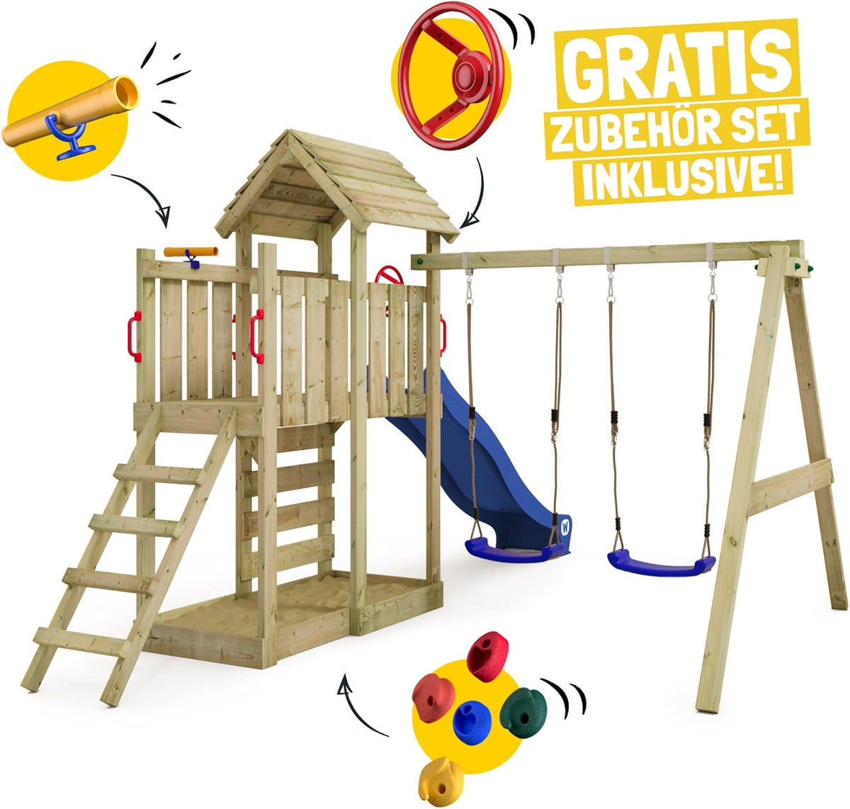 Torre de juegos WICKEY MultiFlyer con tejado de madera, columpio y tobogán verde pastel, torre de escalada para niños al aire libre con arenero, escalera y accesorios de juego para el jardín