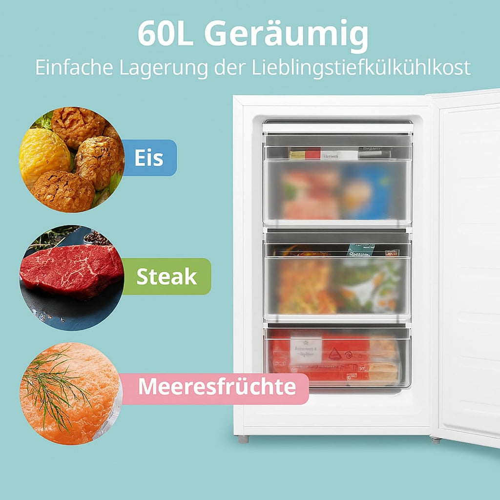 Congelador vertical COMFEE' RCU60WH2(E) de 60L con cajones, 3 cajones de congelación, una puerta, temperatura ajustable, puerta reversible, silencioso, independiente, blanco
