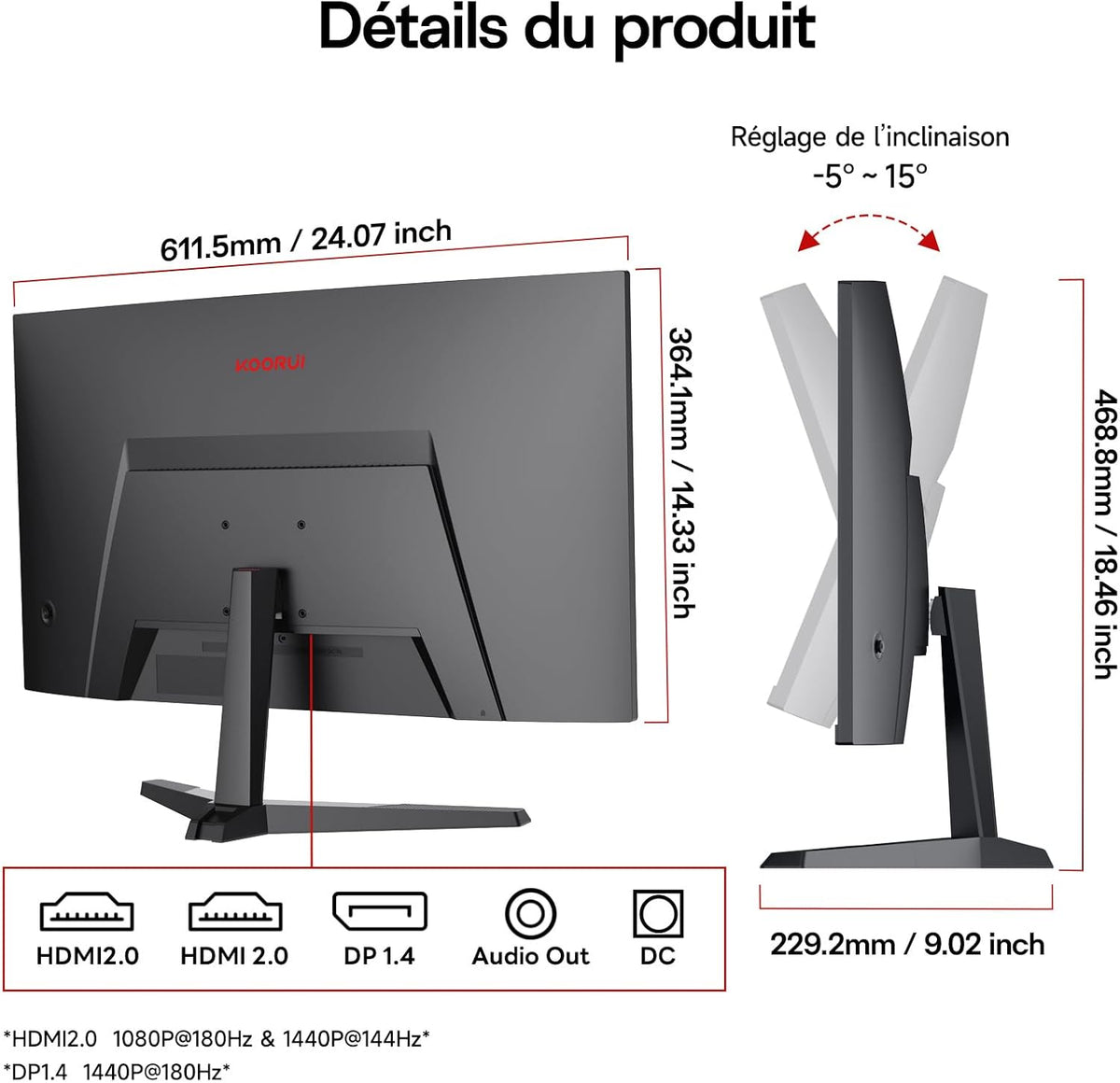 Monitor Gaming KOORUI de 27 pulgadas, pantalla QHD 2560x1440, 180 Hz, pantalla curva, Adaptive-Sync, VESA 100x100 mm, 2xHDMI 2.0 y 1xDisplayPort 1.4